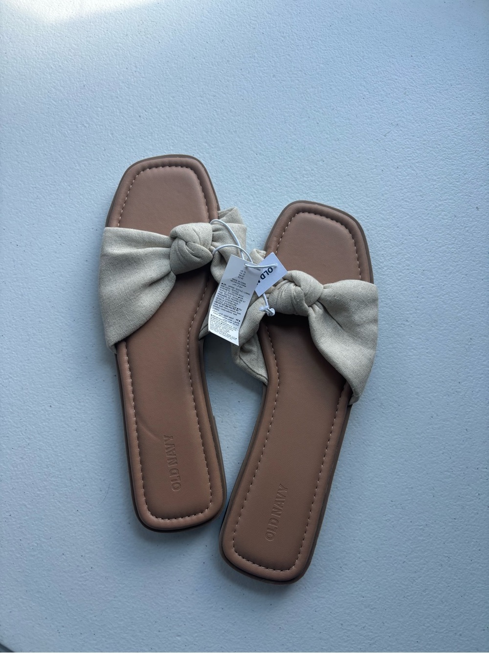 Old Navy Tan Footbed Slide Sandals with Cream Knotted Upper